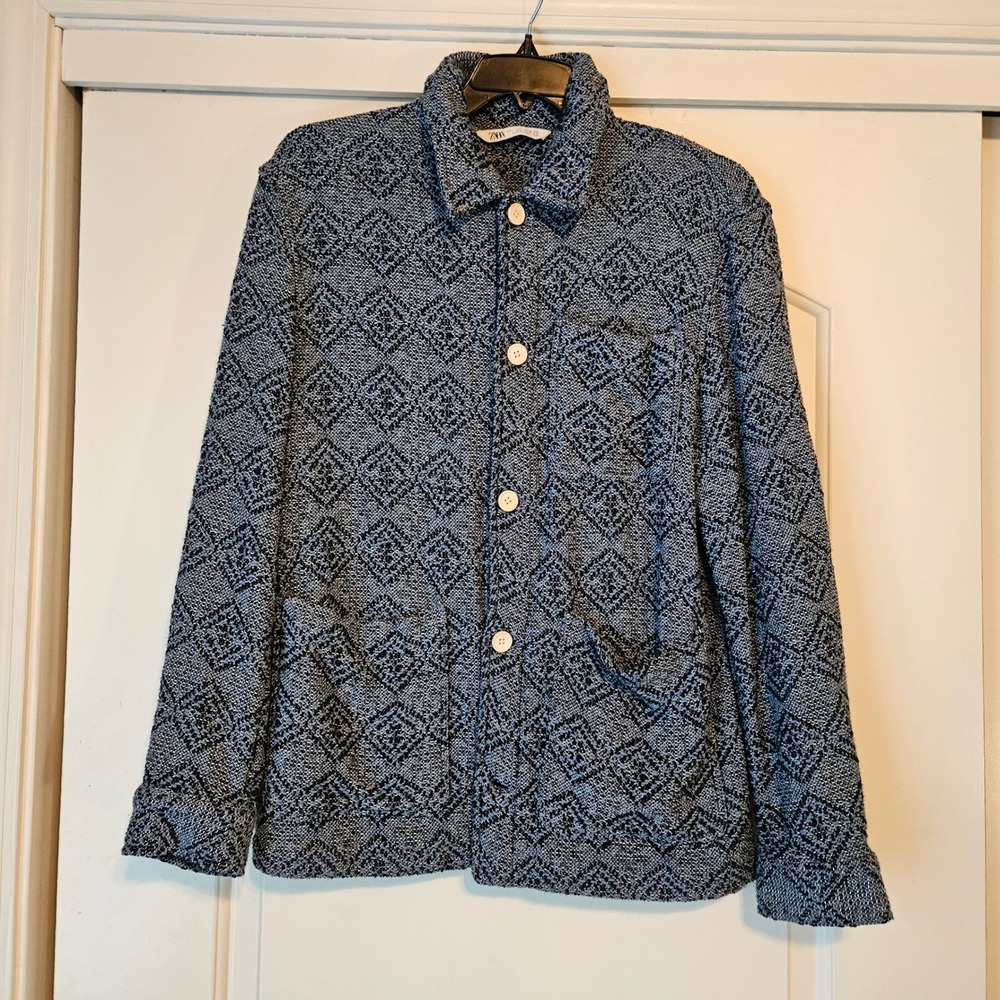 Zara  Blue Diamond Jacket Coat‎ Womens Large Jacquard Button Up Chore Tapestry